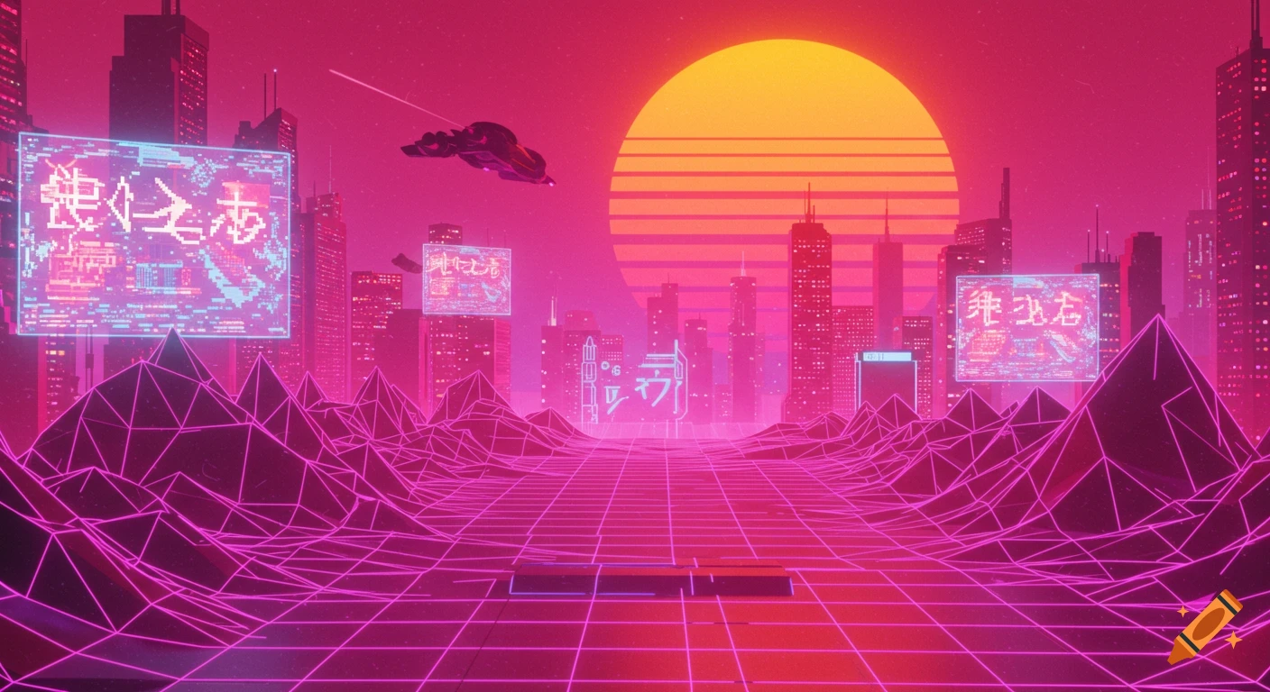 A retro-style cyberpunk city landscape with tall buildings, a grid ground, mountains, and a large sun in pink and orange.