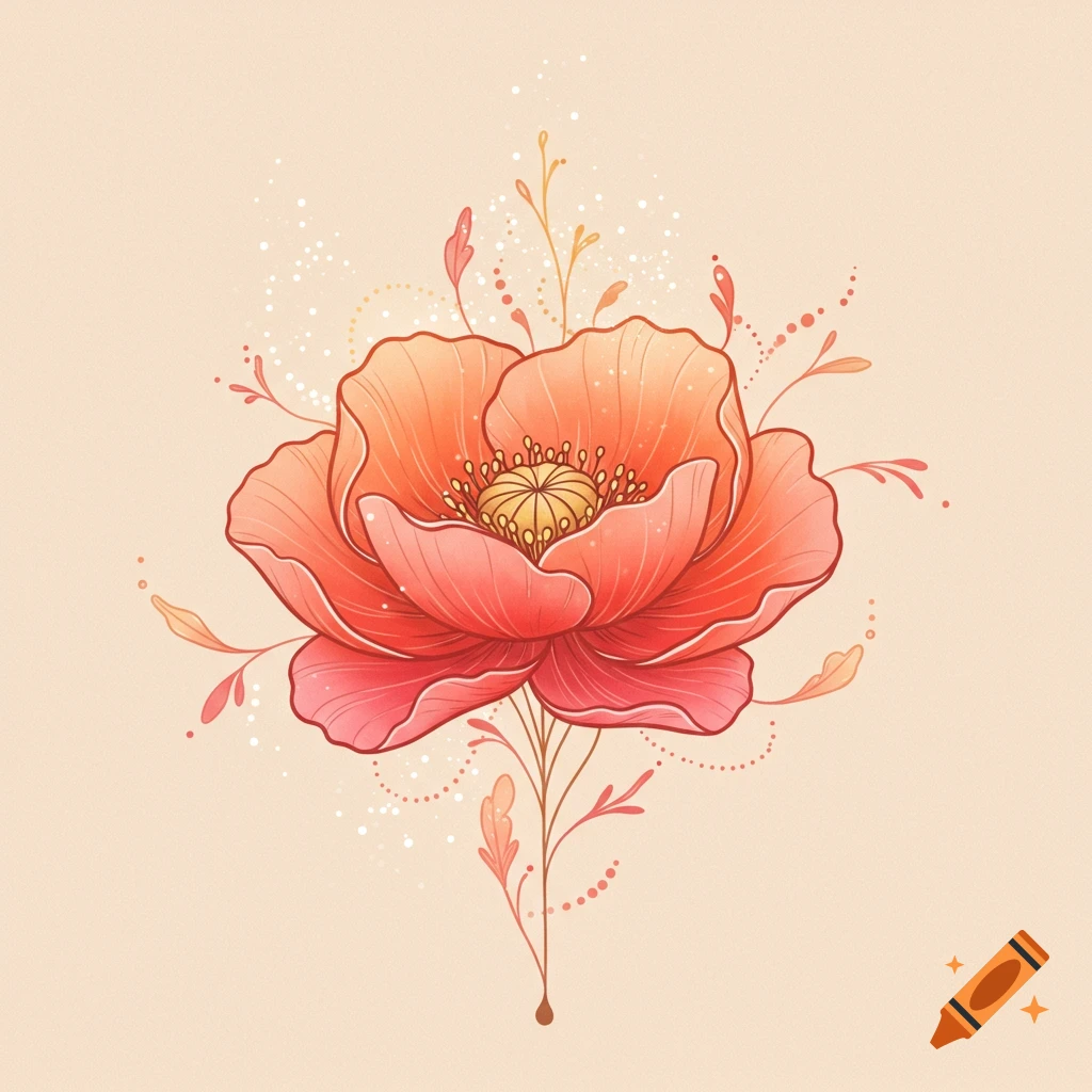 A stylized illustration of an orange and pink flower on a light background.