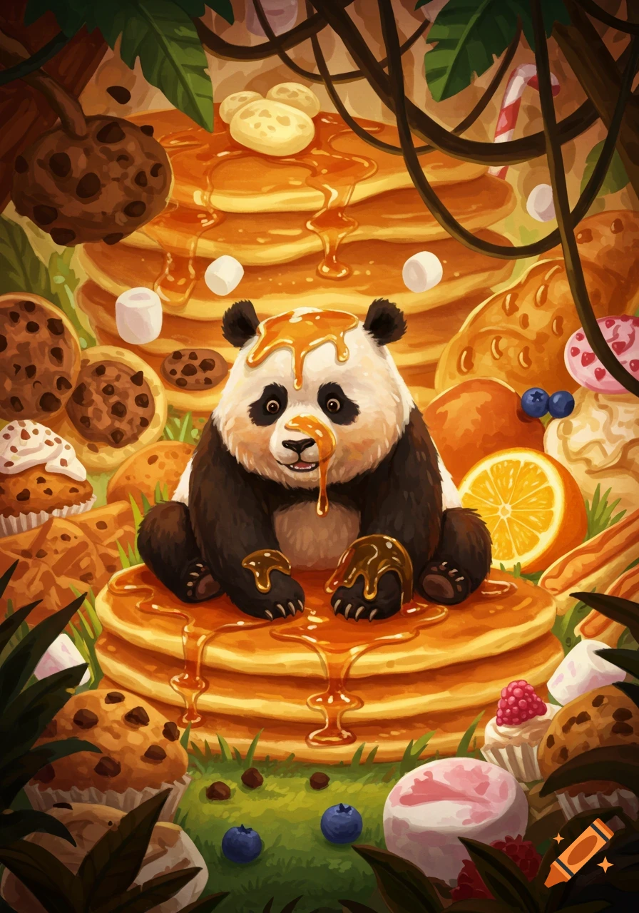 A cute panda sits on a stack of pancakes covered in syrup, surrounded by cookies, fruit, and sweets in a jungle setting.