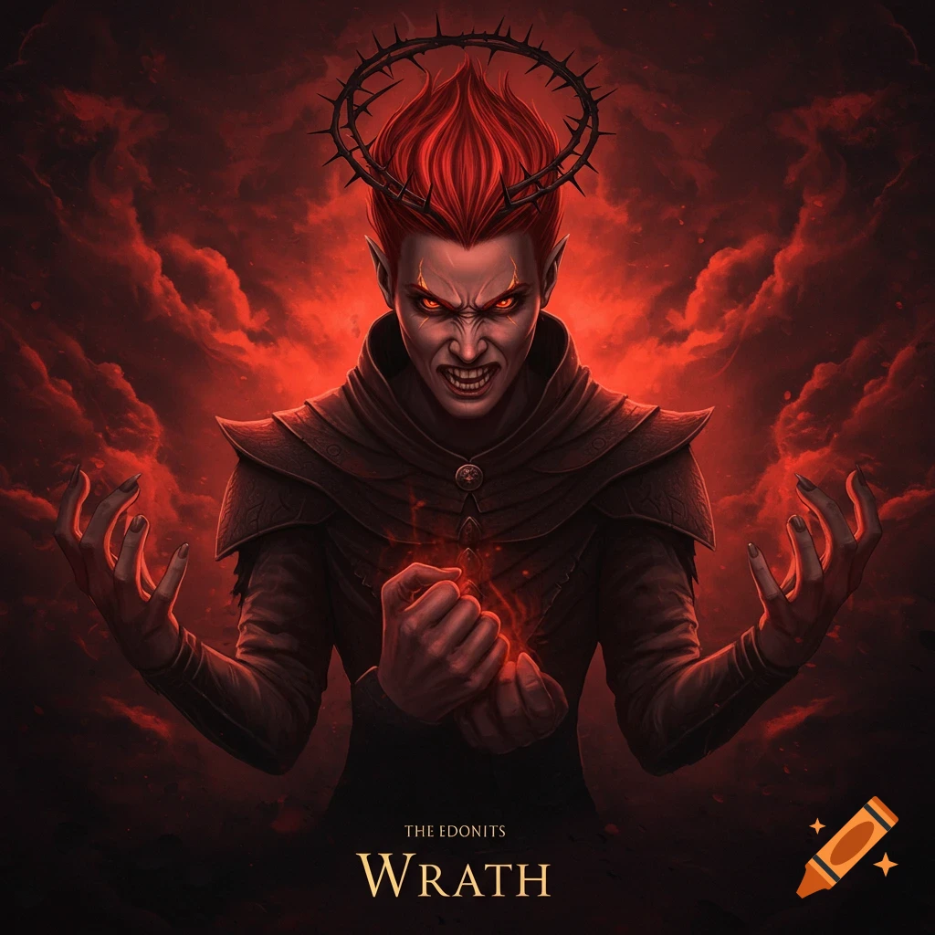 Demonic figure with fiery red hair and eyes, crown of thorns, in red smoky background with text 'WRATH'.