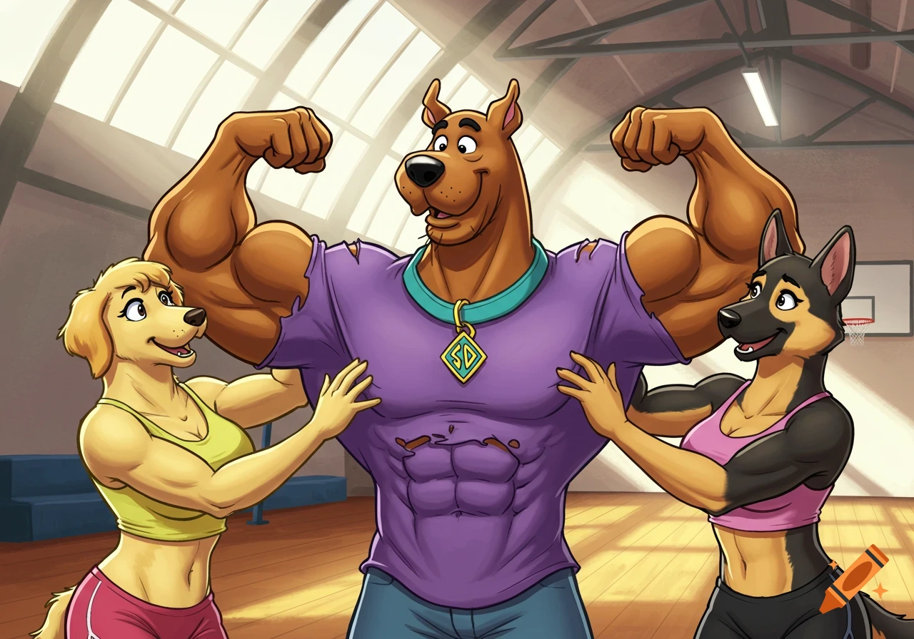 Scooby Doo flexing in a gym, two anthropomorphic dogs touching his muscles. 2D illustration.