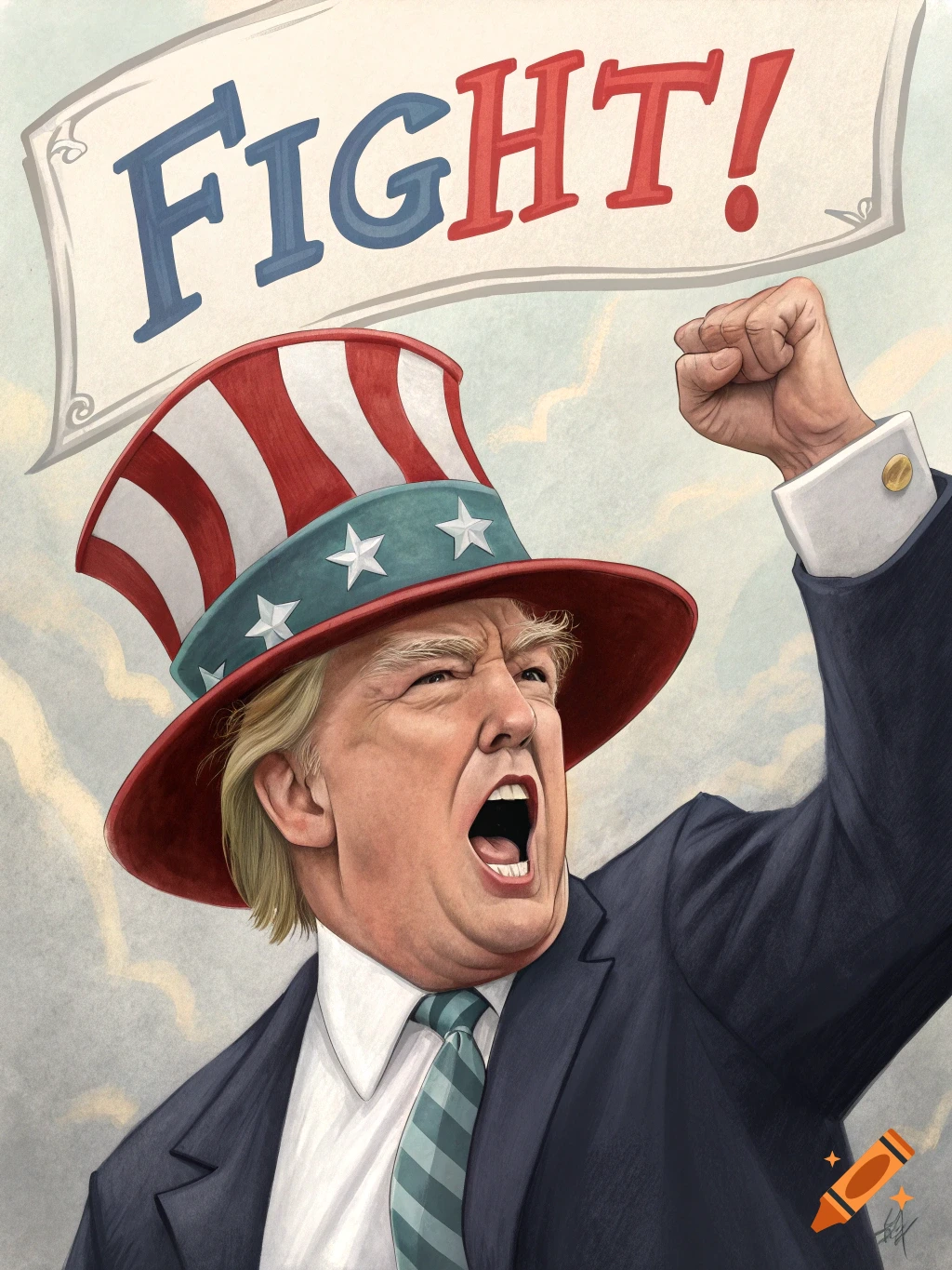 Illustration of a caricature of Donald Trump wearing a stars and stripes hat, yelling with a raised fist under a banner that says 'FIGHT!'