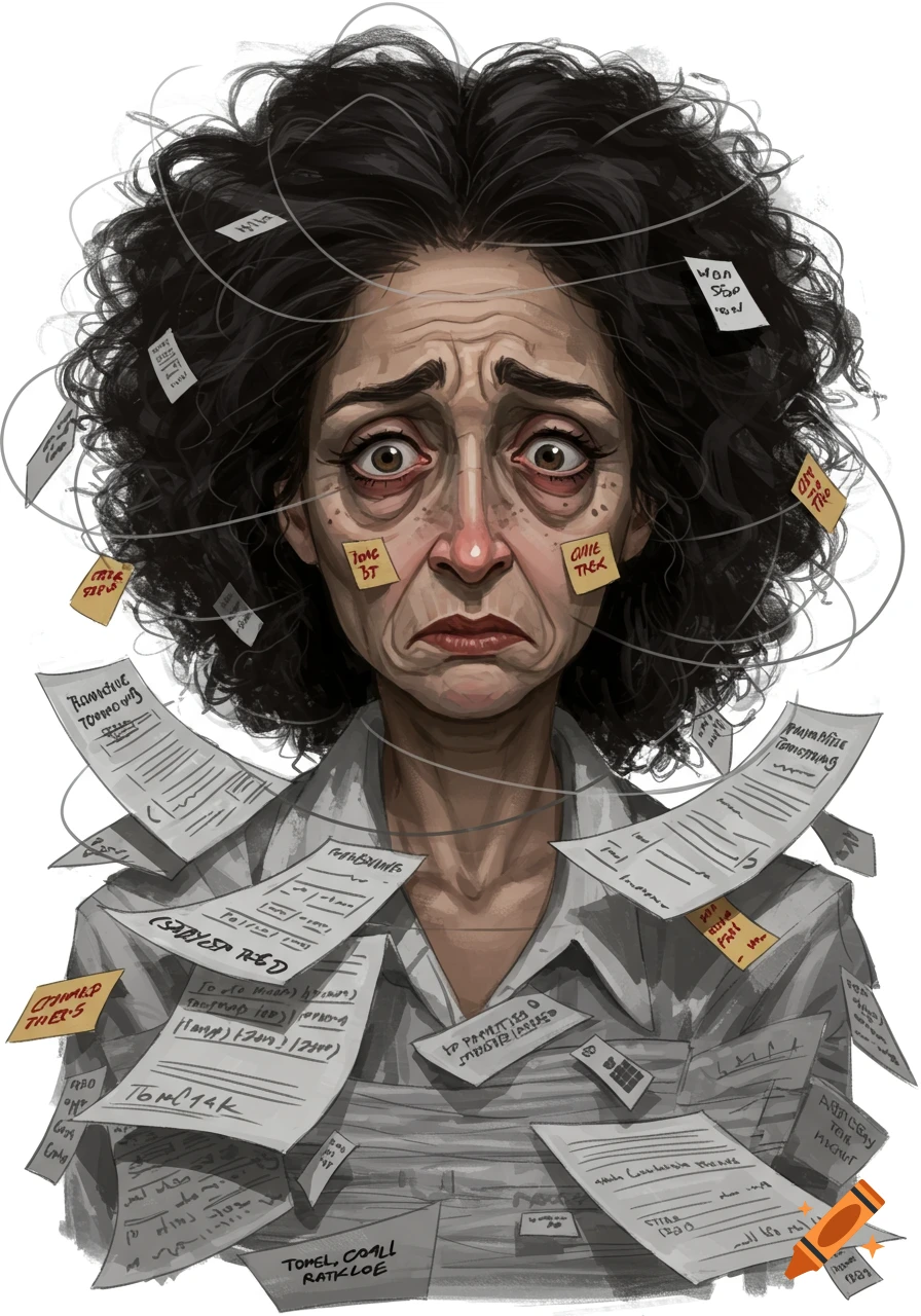 Illustration of a stressed, tired person covered in papers and sticky notes.