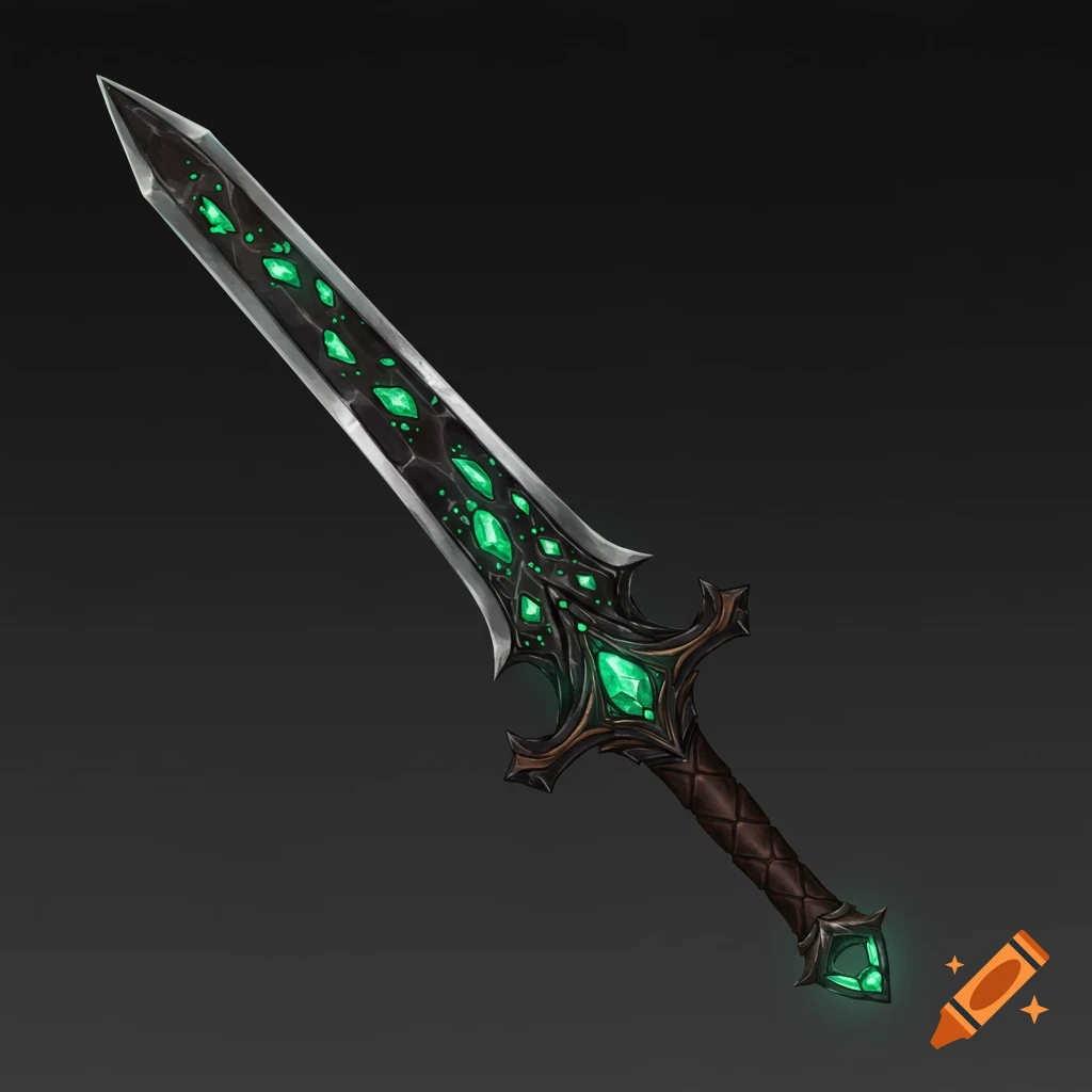 Fantasy double-edged sword with glowing green emeralds