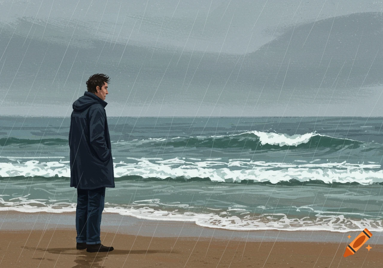 Illustration of a man in a dark coat standing on a rainy beach, looking out at the stormy sea.