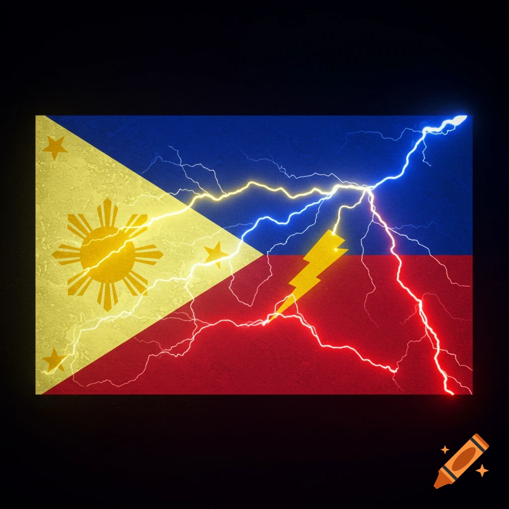 Filipino flag with neon lightning bolts on a black background.