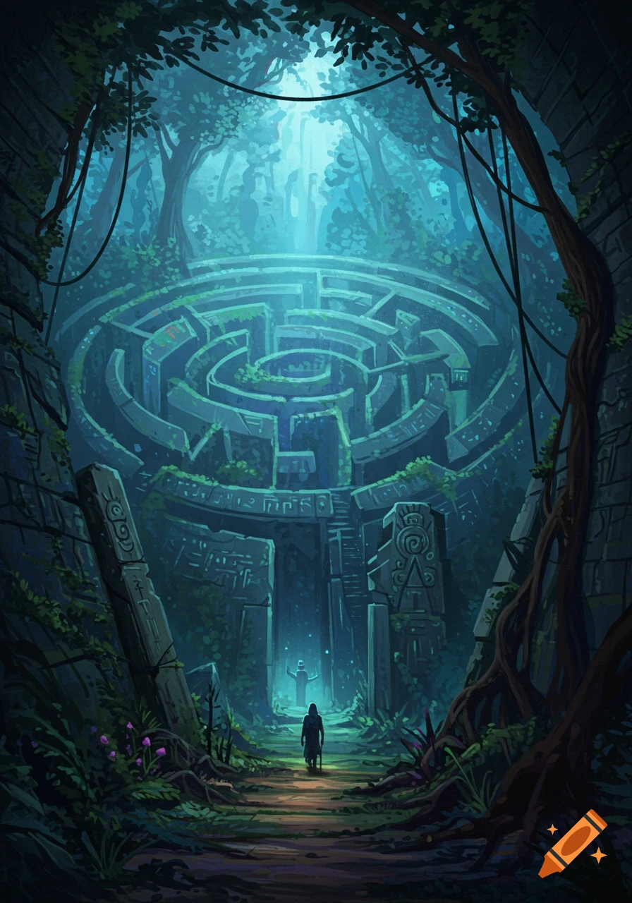 A person stands before a large, mysterious stone maze in an overgrown forest. Stylized illustration.