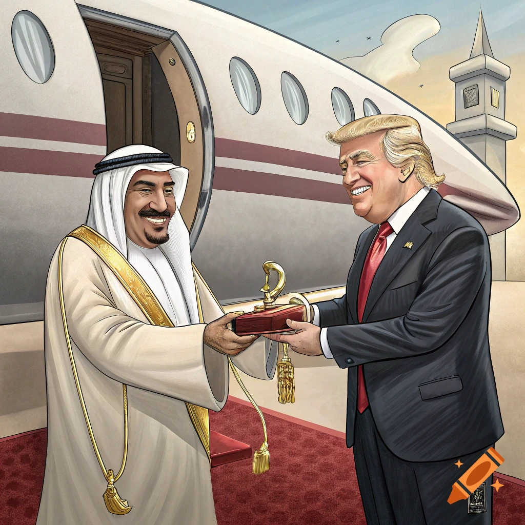 Caricature of Trump receiving a gift from a man in traditional attire near an airplane.