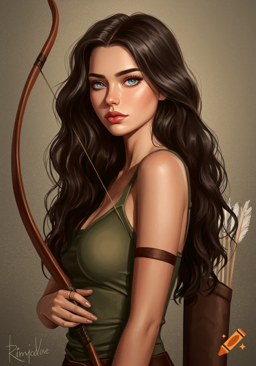Portrait of a woman with long dark hair and blue eyes holding a bow and quiver of arrows.