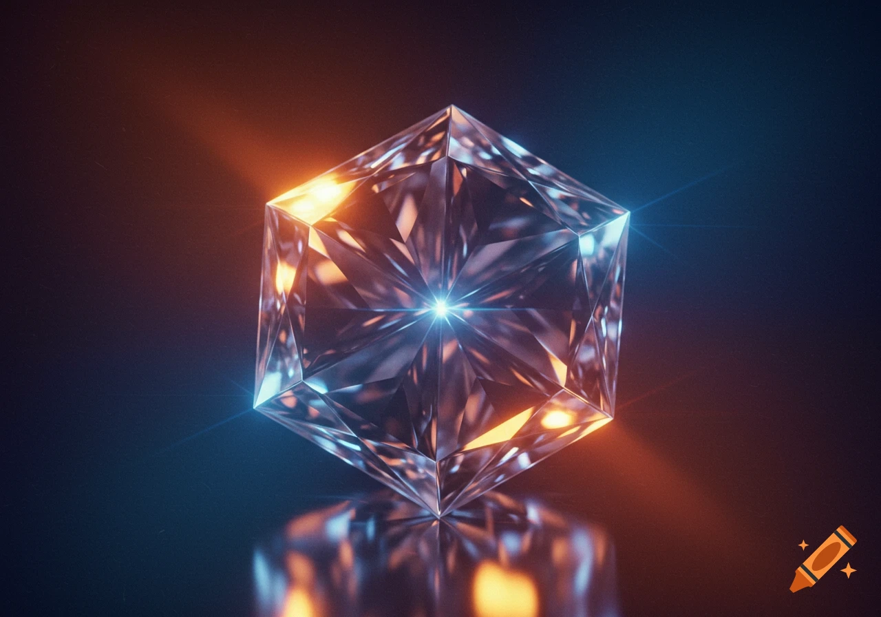 A multifaceted crystal or diamond reflects orange and blue light against a dark background.