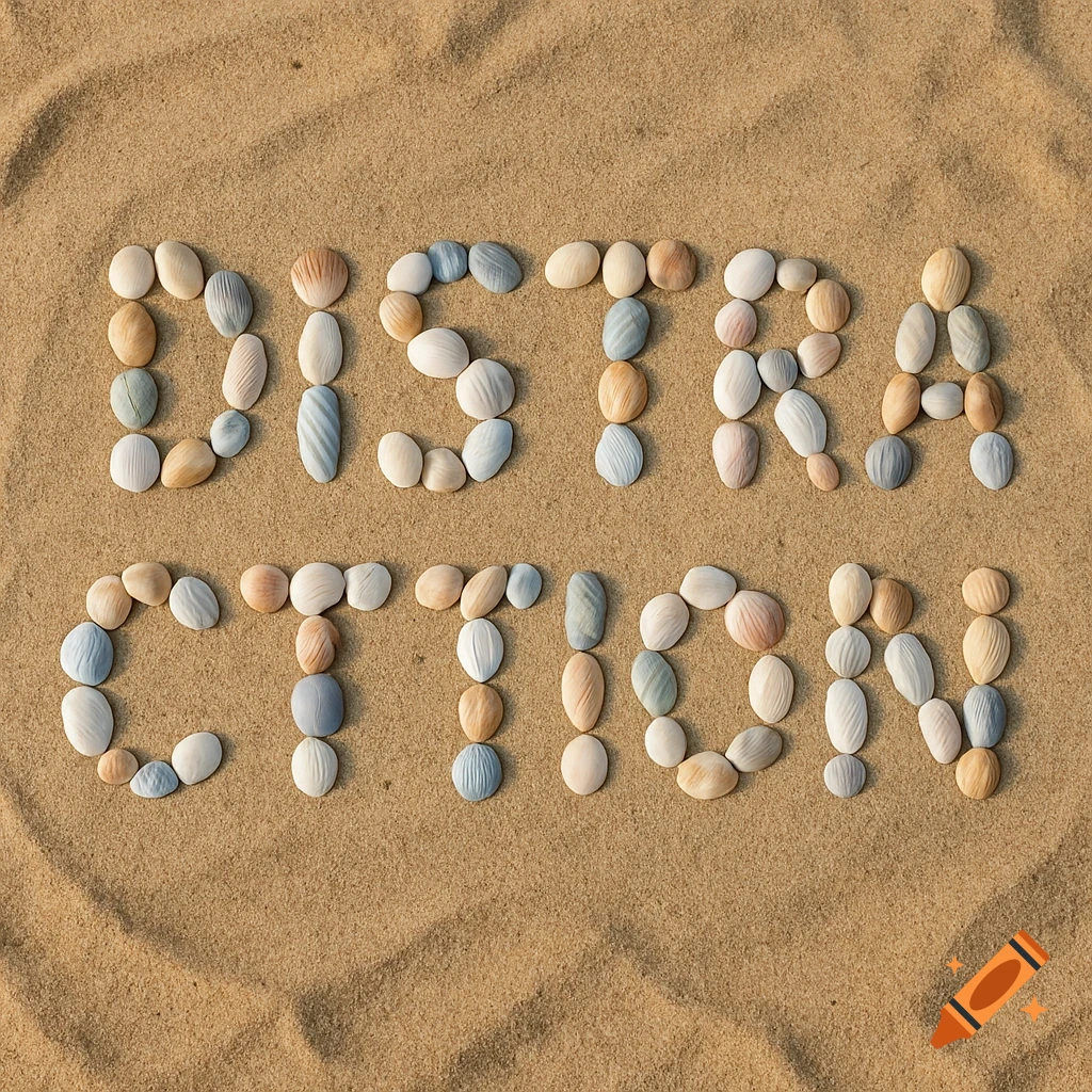 Seashells spelling out the word 'DISTRACTION' on a sandy beach.