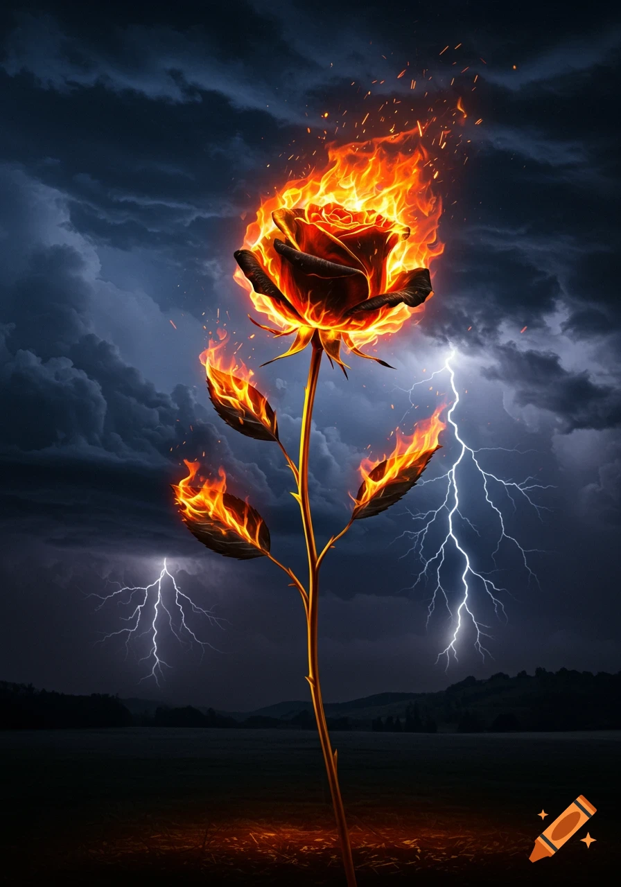 A rose with its petals and leaves on fire stands against a dark, stormy sky with lightning.