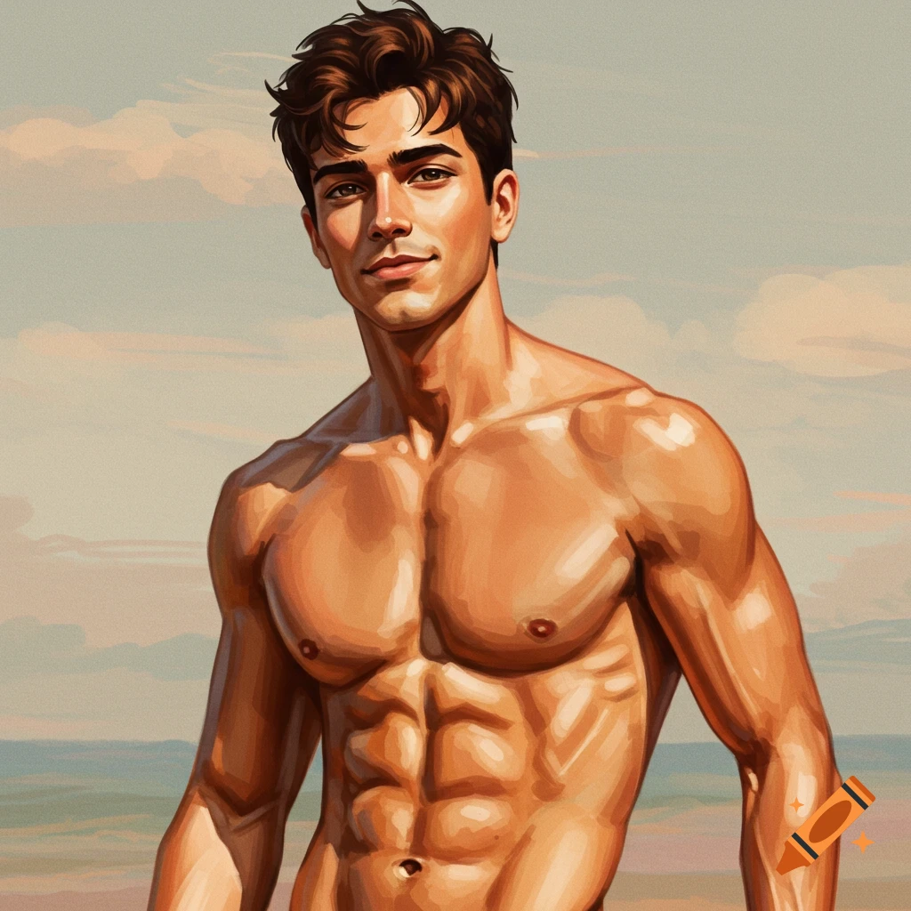 Illustration of a muscular man on a beach