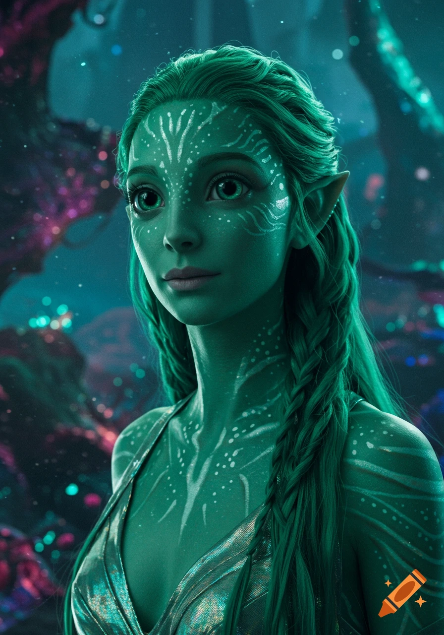 A green-skinned alien woman with white markings and braided hair.