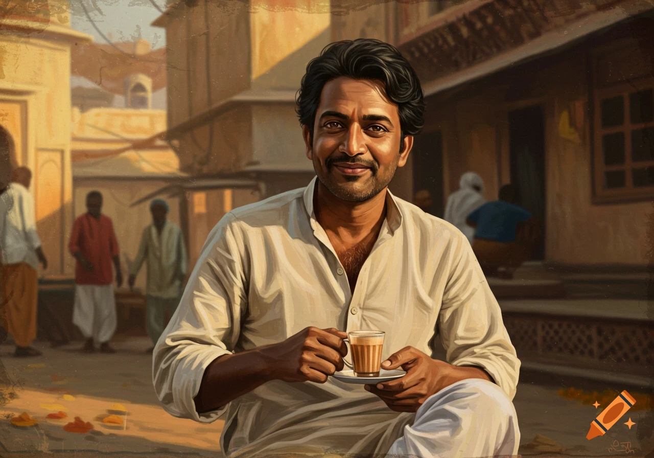 Painterly portrait of a man holding a cup of tea in a street scene.