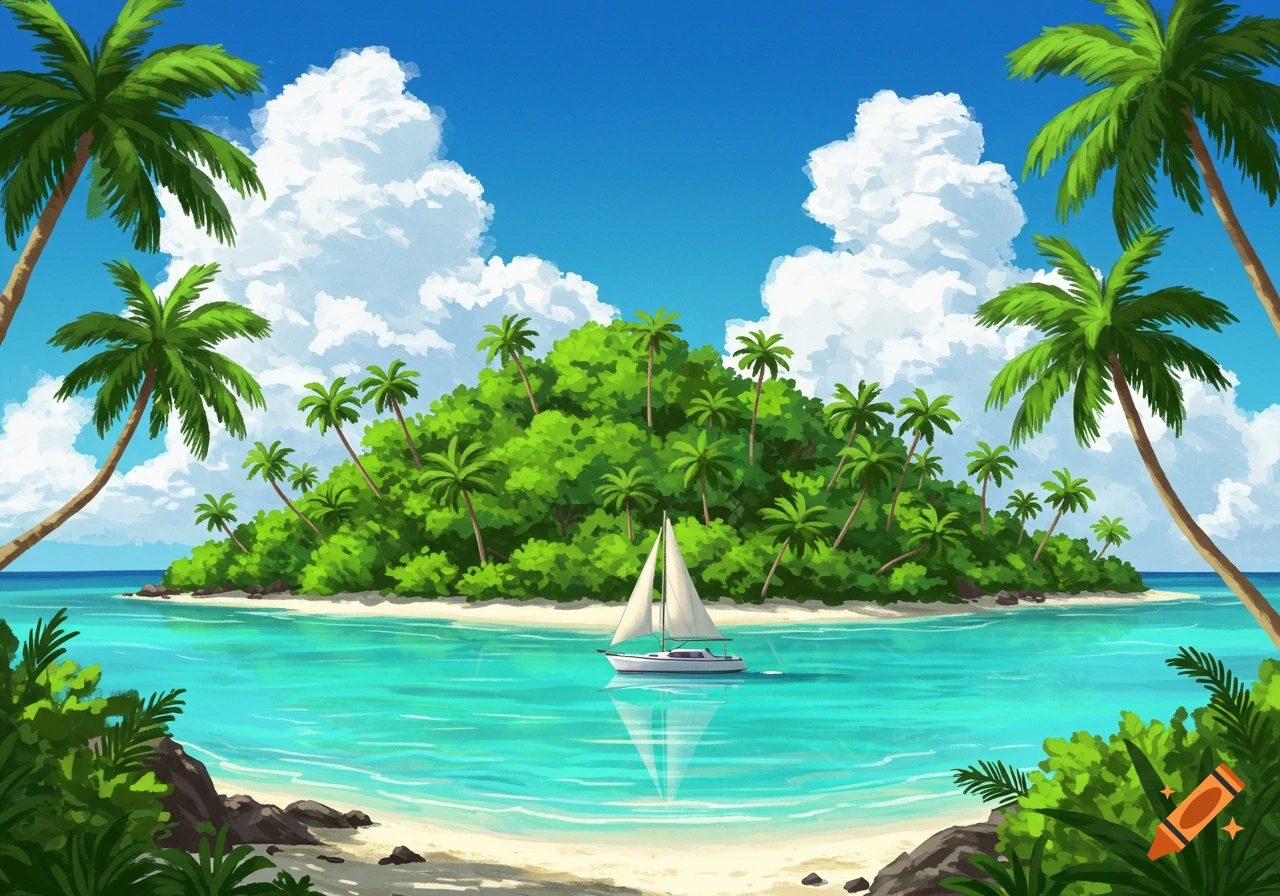 Tropical island landscape with palm trees, beach, and a sailboat in turquoise water under a blue sky with clouds.