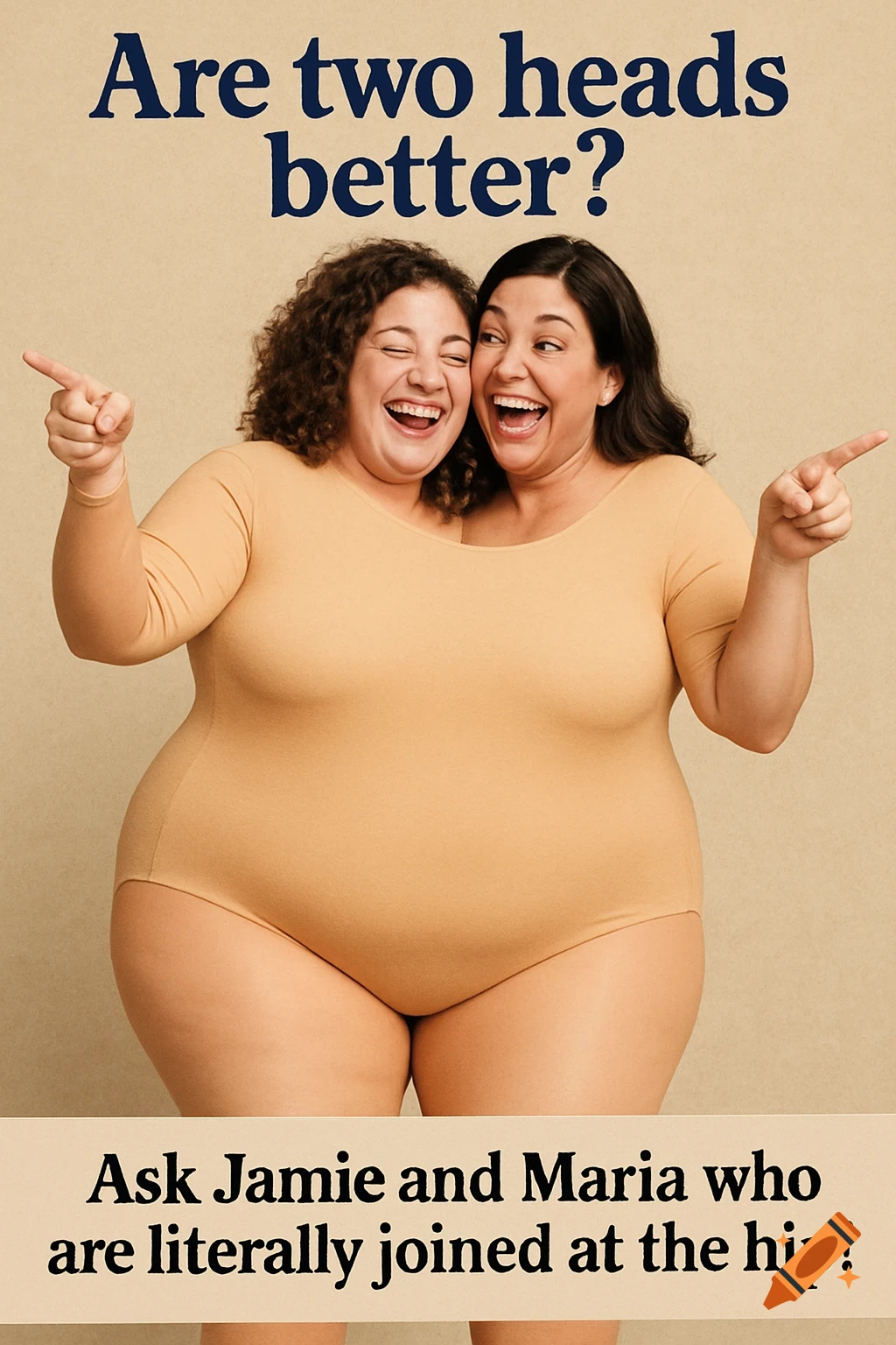 Two giggling women in beige leotard form two-headed illusion, pointing apart. Text: 'Are two heads better?'