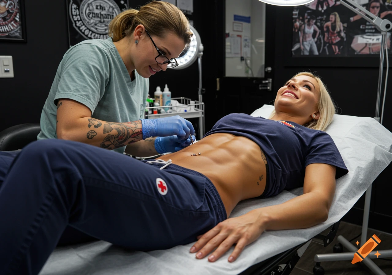 Woman with abs smiling while receiving a navel piercing from a piercer in a studio.