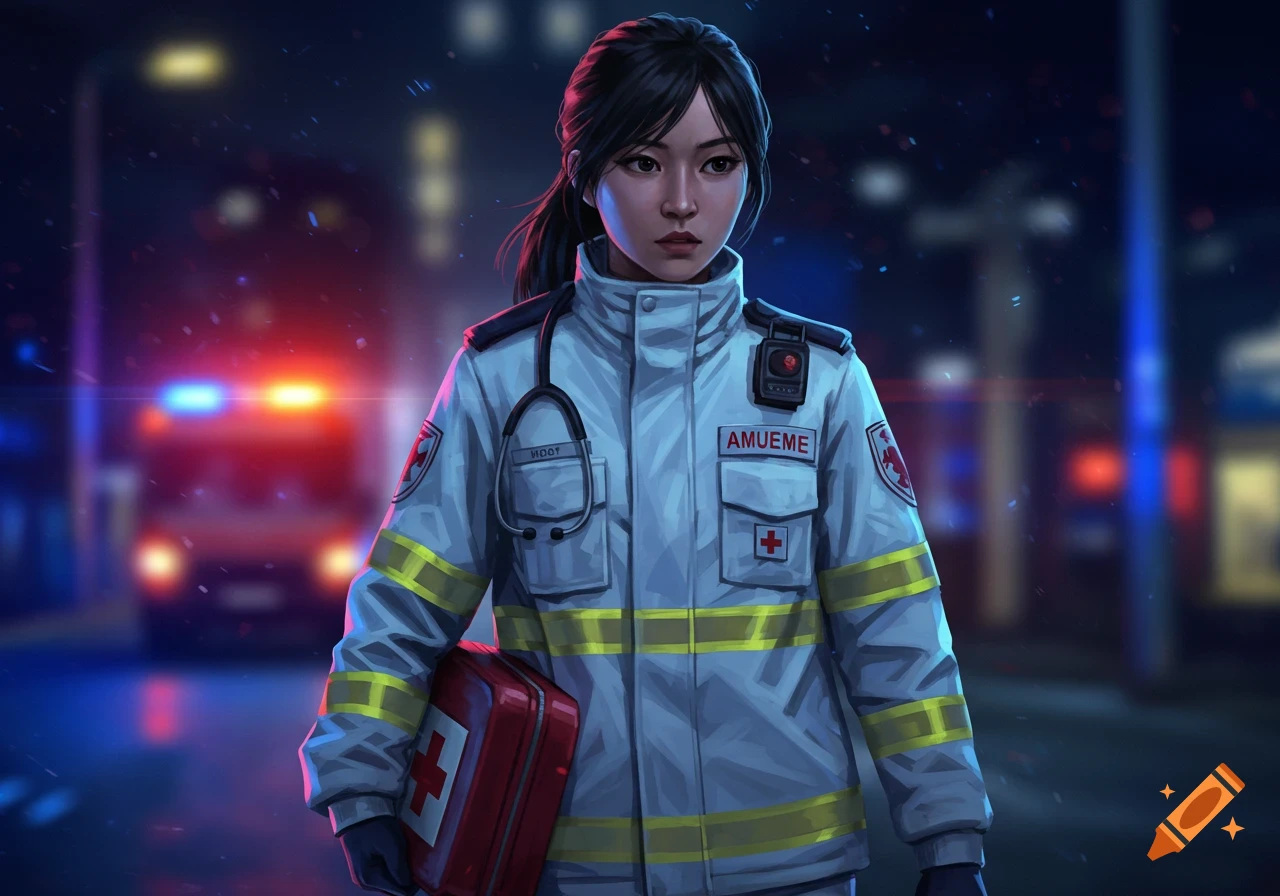 Digital illustration of a female first responder with medical bag at night.
