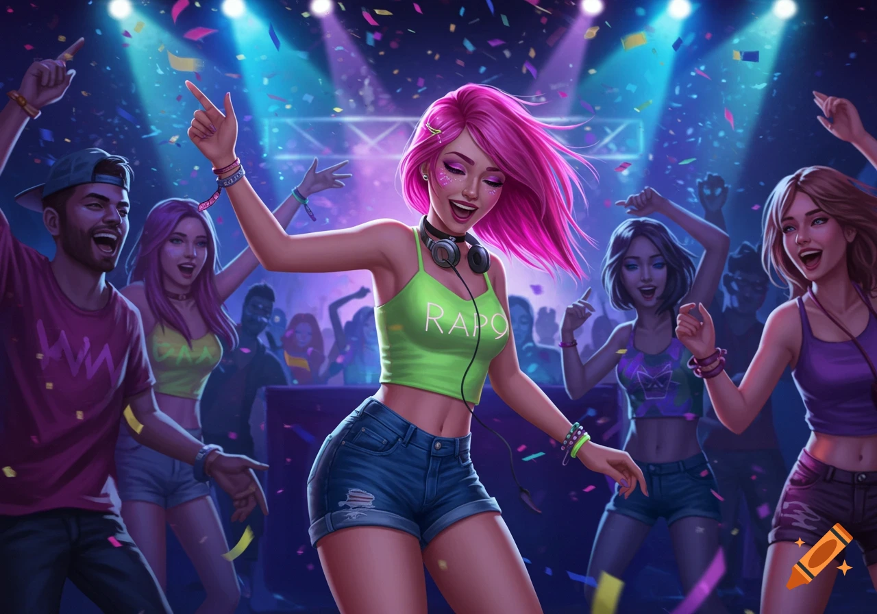 Illustration of people dancing at a vibrant rave party with confetti and bright lights.