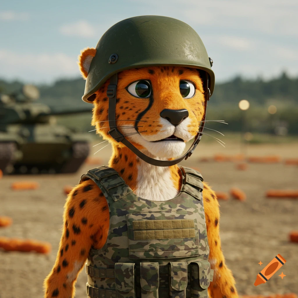 An anthropomorphic cheetah wearing a military helmet and vest stands in front of a tank.