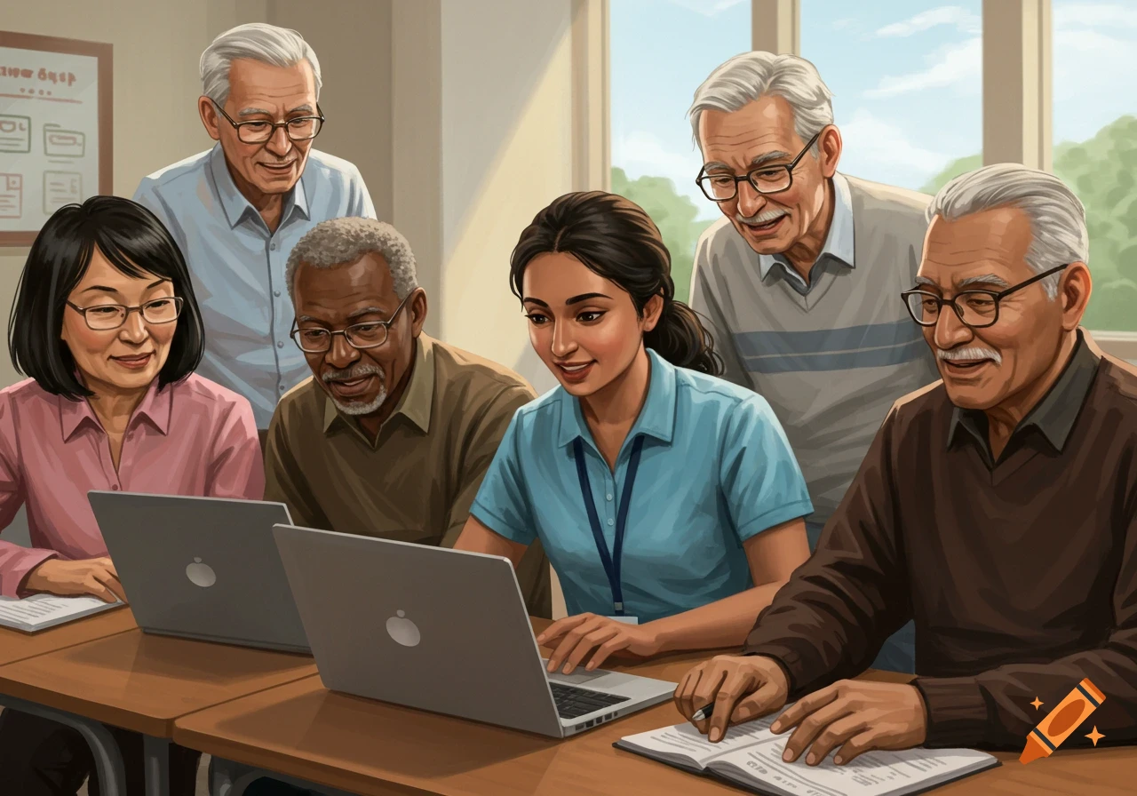 Painting of a diverse group of seniors learning to use laptops from a younger woman in a bright classroom.