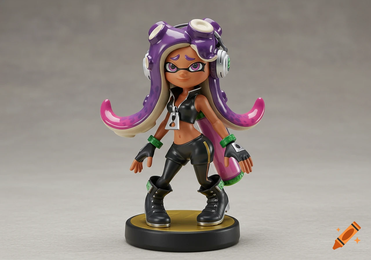 A photo of a Marina amiibo figurine from Splatoon on a grey background.