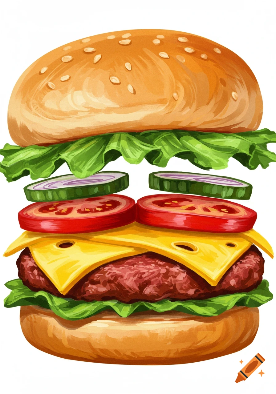 An illustration of a burger with its lettuce, cheese, patty, tomato, and onion toppings floating apart.