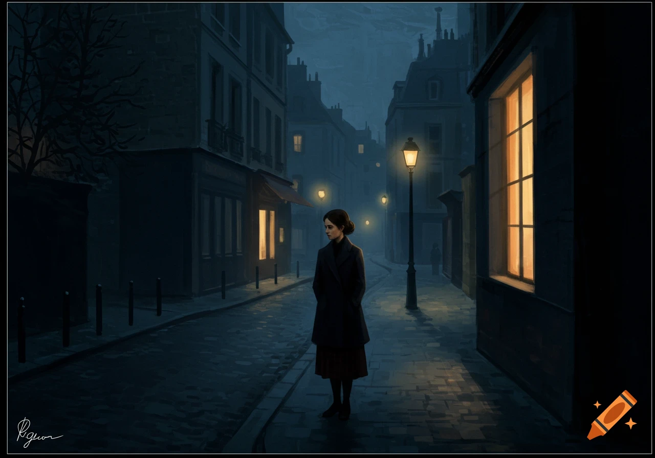 Woman standing in a dark, misty street with gas lamps and old buildings.