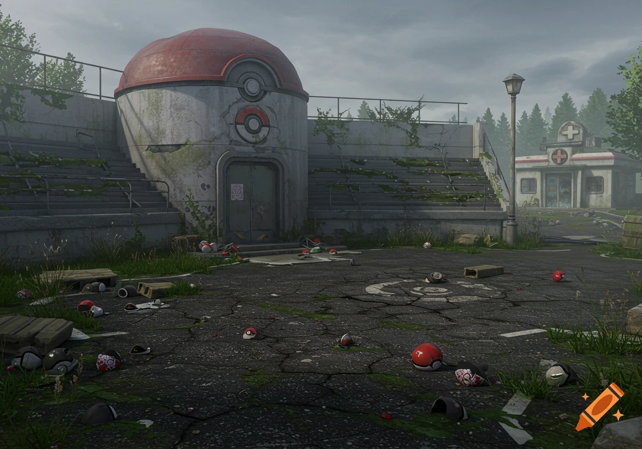 An abandoned Pokemon stadium and medical center with scattered Poke Balls on cracked pavement.