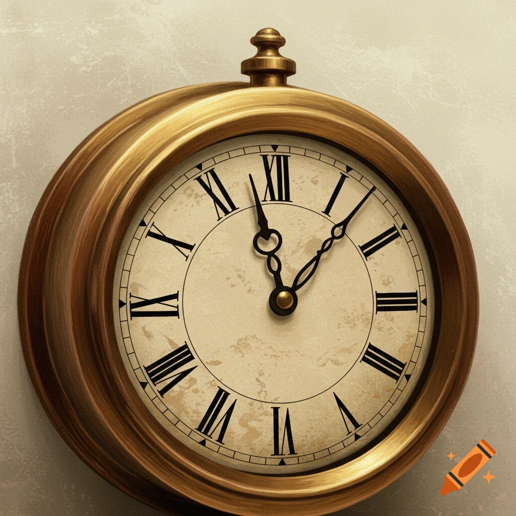 A close-up of a vintage brass pocket watch with Roman numerals hanging on a wall.