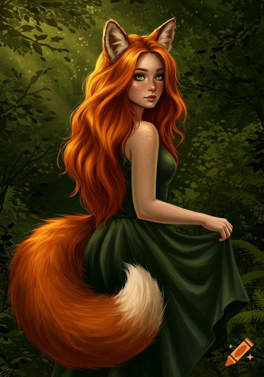 A woman with red hair, fox ears and tail in a forest