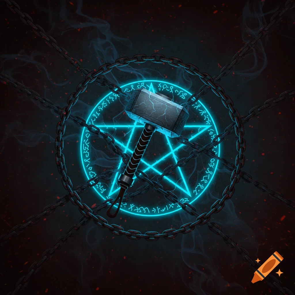 A glowing blue pentagram with symbols, chains, and a hammer on a dark background.