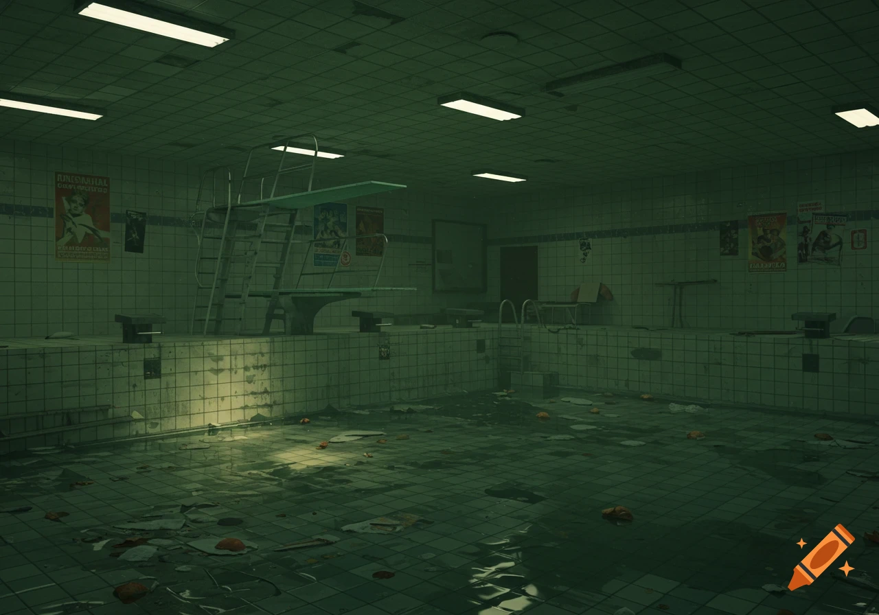 An abandoned indoor swimming pool with a diving board, debris on the floor, and dim lighting.