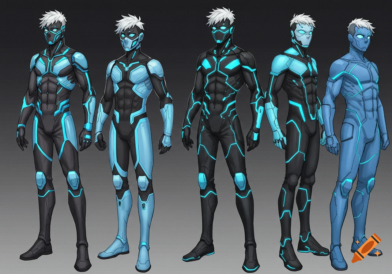Several figures wearing futuristic black and blue superhero suits in an anime style.
