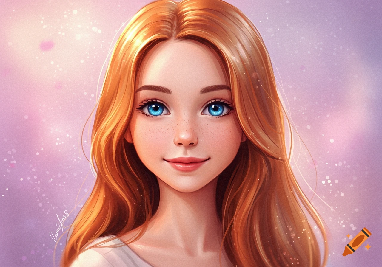 A stylized portrait of a smiling girl with red hair, blue eyes, and freckles
