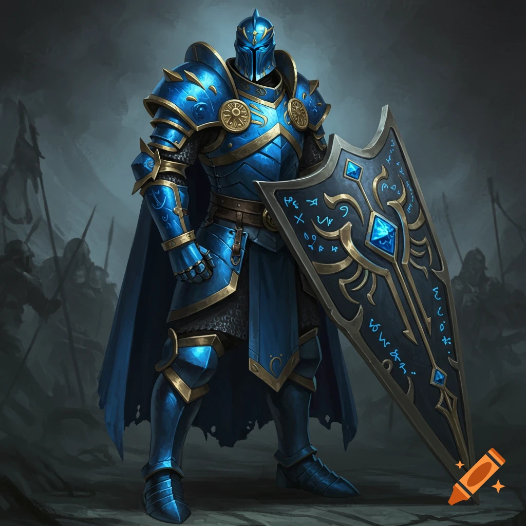 A fantasy illustration of a knight in blue and gold armor holding a shield with runes.