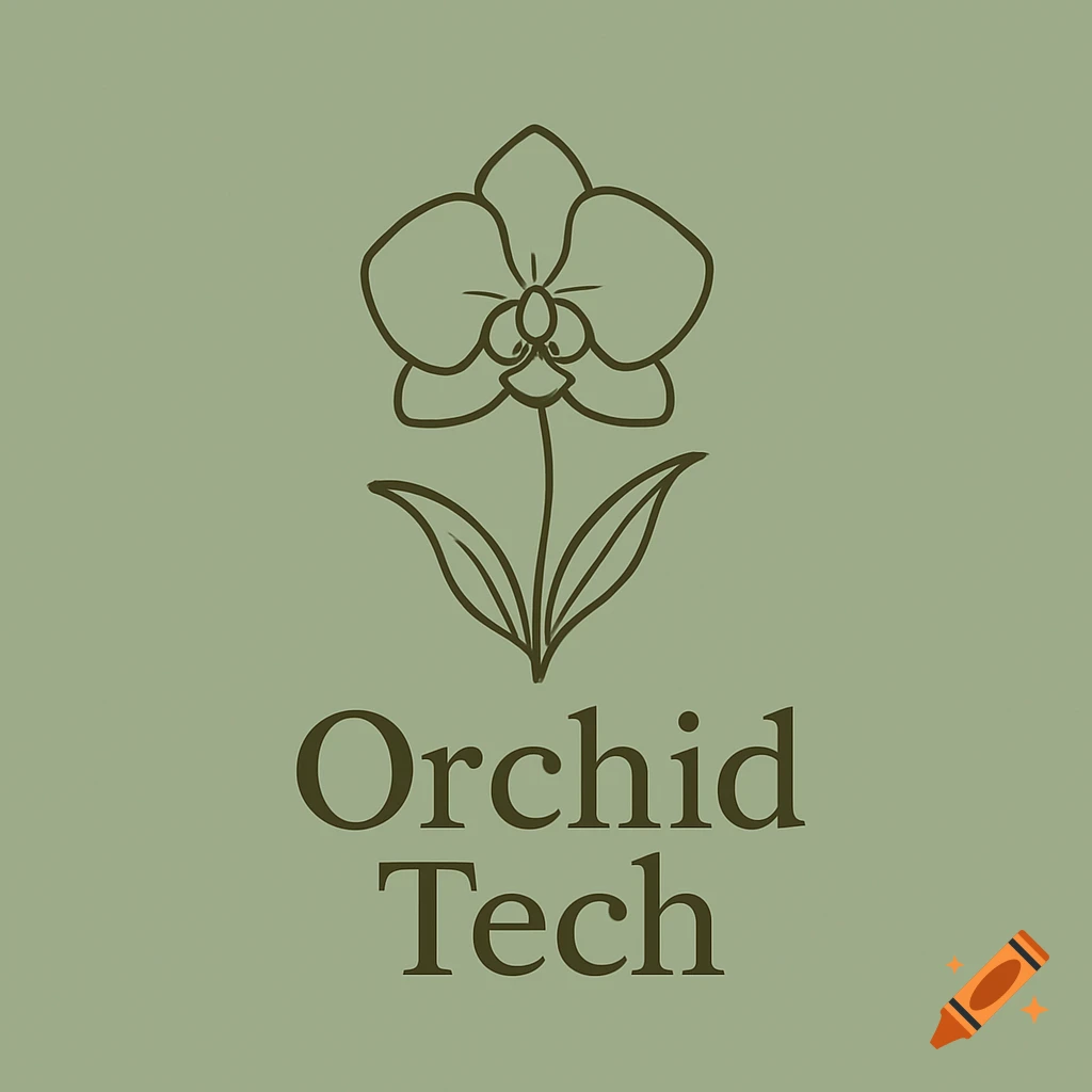 Minimalist logo with orchid outline and 'Orchid Tech' text on sage green background