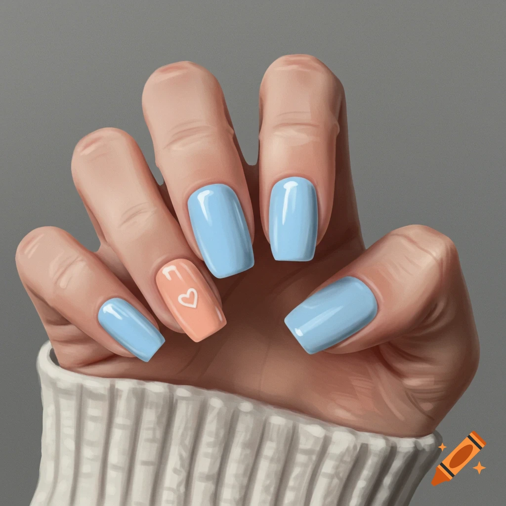 A hand with pastel blue and peach nails, featuring a white heart on the ring finger.