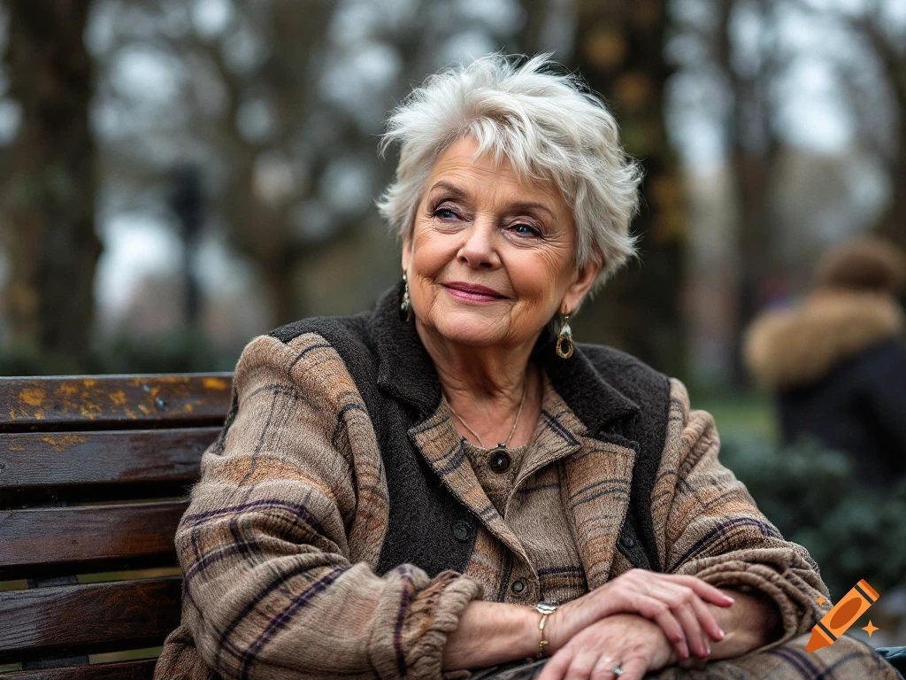 Close-up portrait of an older woman with white hair smiling on a park bench.