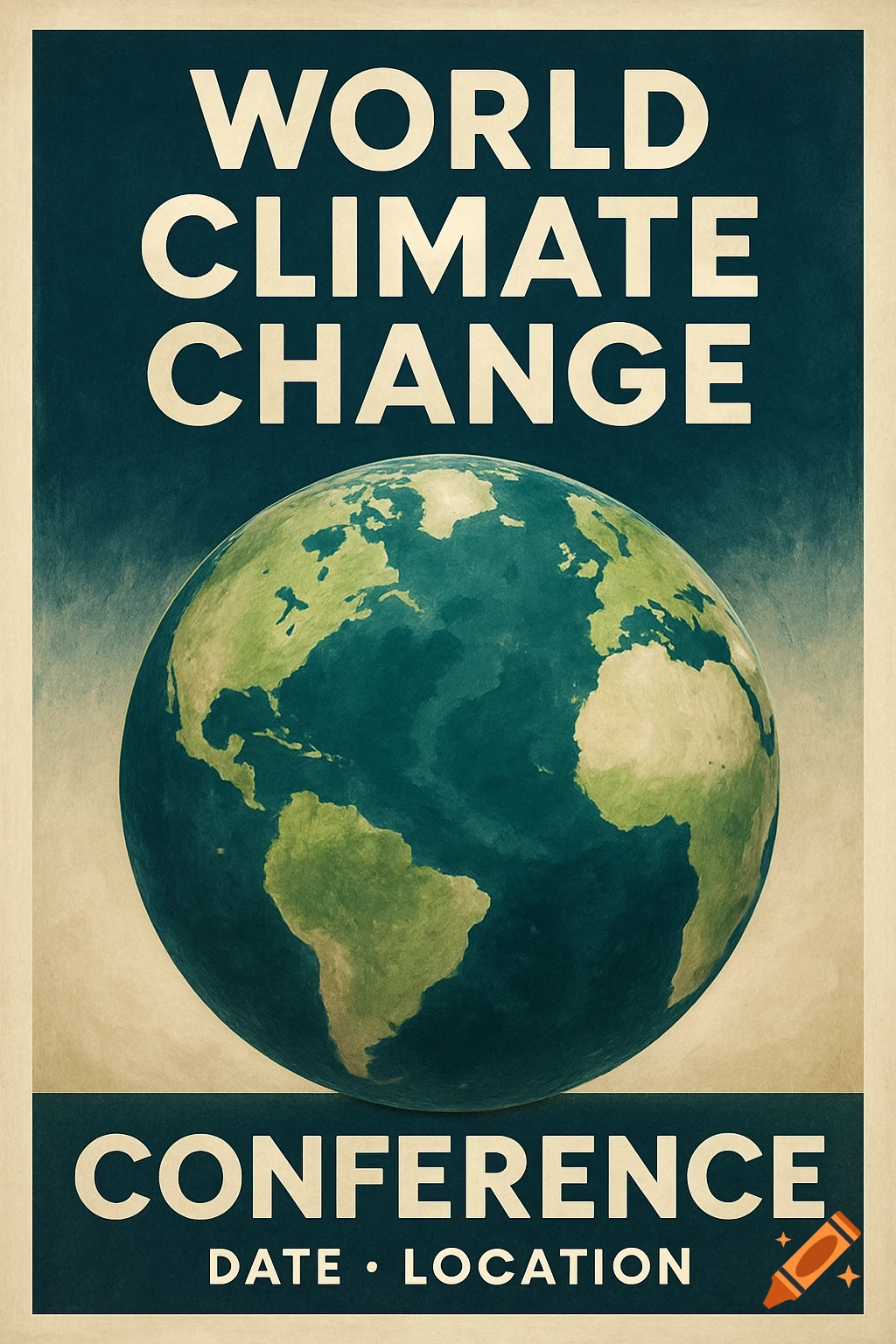 Vintage style poster shows the Earth with the text 'WORLD CLIMATE CHANGE CONFERENCE DATE LOCATION'.