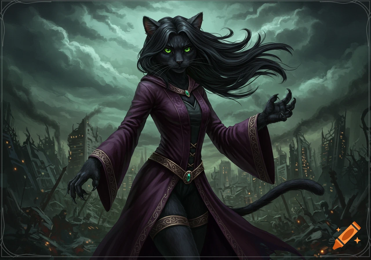Anthropomorphic black cat woman in purple witch robes stands in a ...