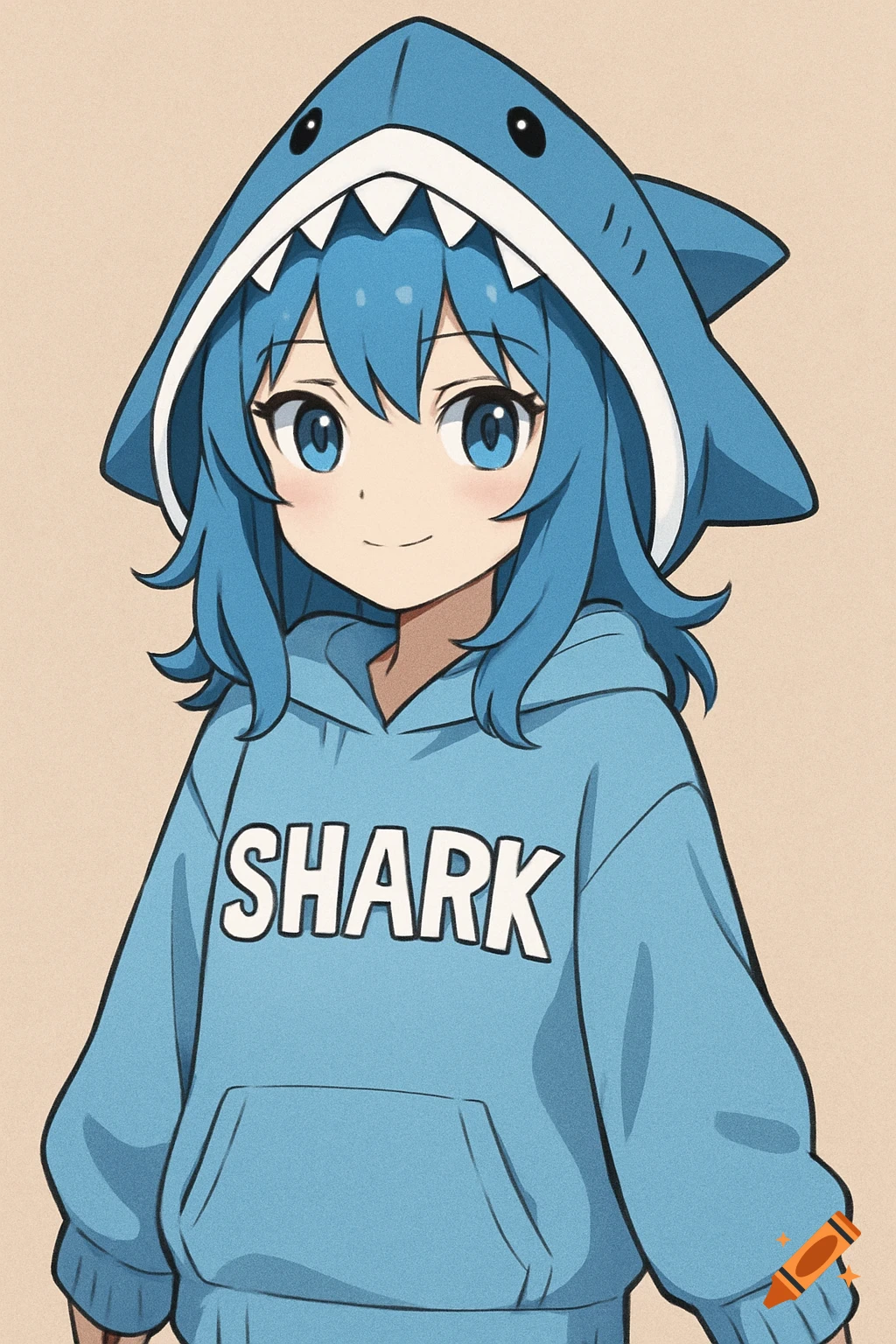 Anime girl wearing a blue shark hoodie