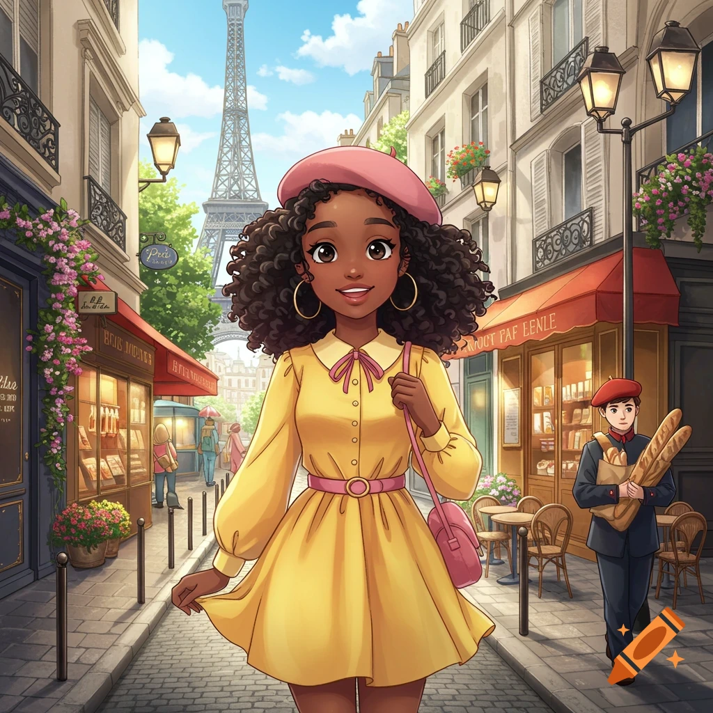 Anime girl in yellow dress and pink beret walks on a Parisian street with the Eiffel Tower.