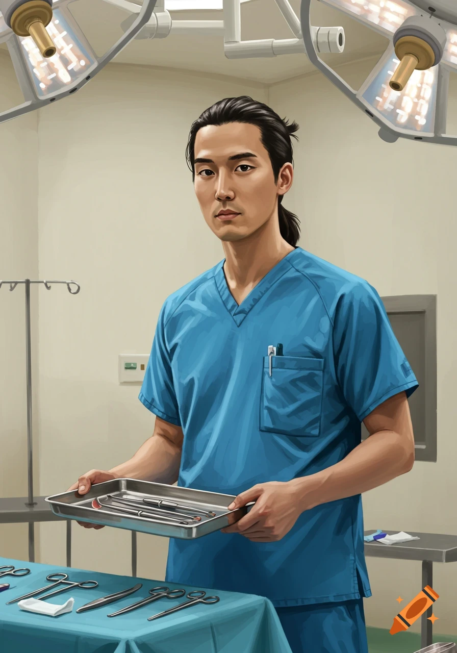 A man in blue scrubs holds a tray of surgical instruments in an operating room.