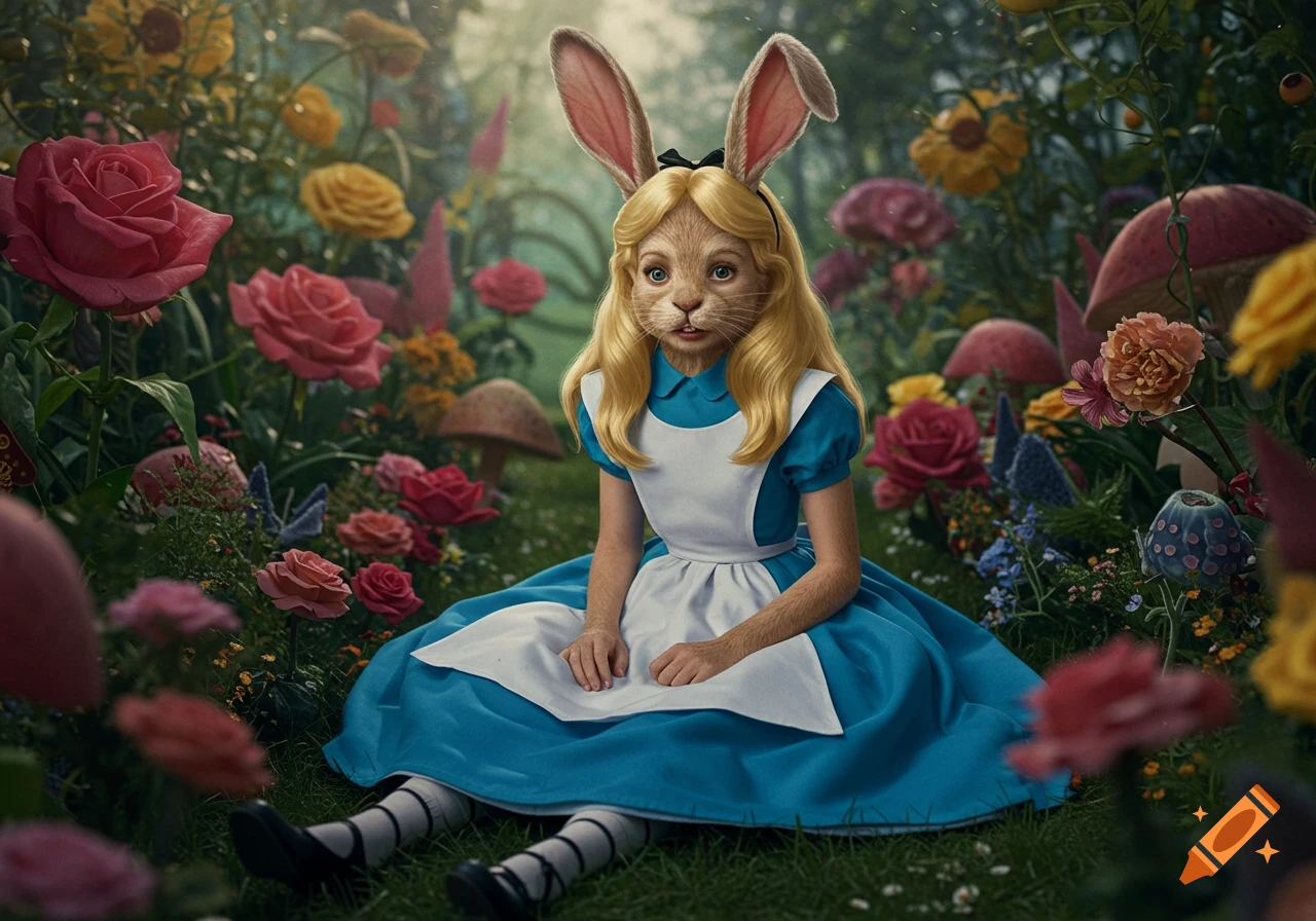 Alice in Wonderland rabbit hybrid sitting in a fantasy garden with large flowers.