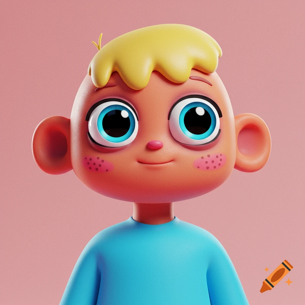 Close-up of a stylized 3D cartoon character with big blue eyes and blonde hair against a pink background.