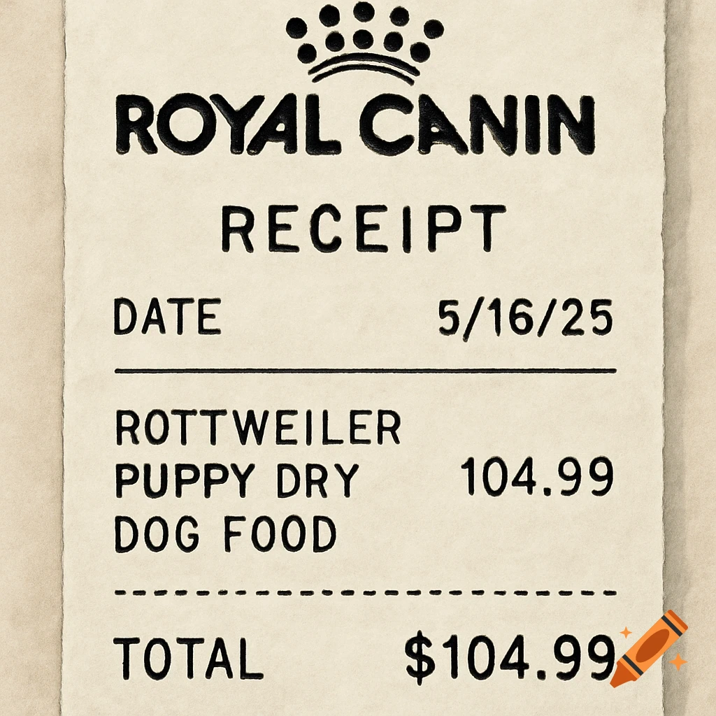 A close-up photo of a receipt for Rottweiler Puppy Dry Dog Food.
