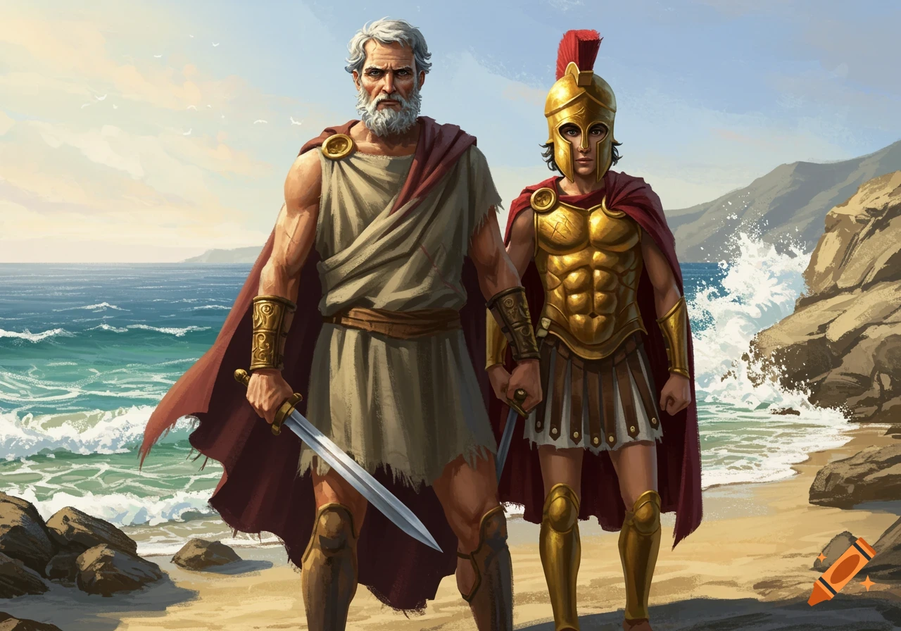 An older man and younger man in ancient Greek clothing with swords stand on a rocky beach by the sea, digital painting.