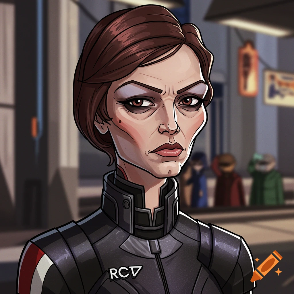 Caricature portrait of a woman in a sci-fi uniform, in the style of Archer.